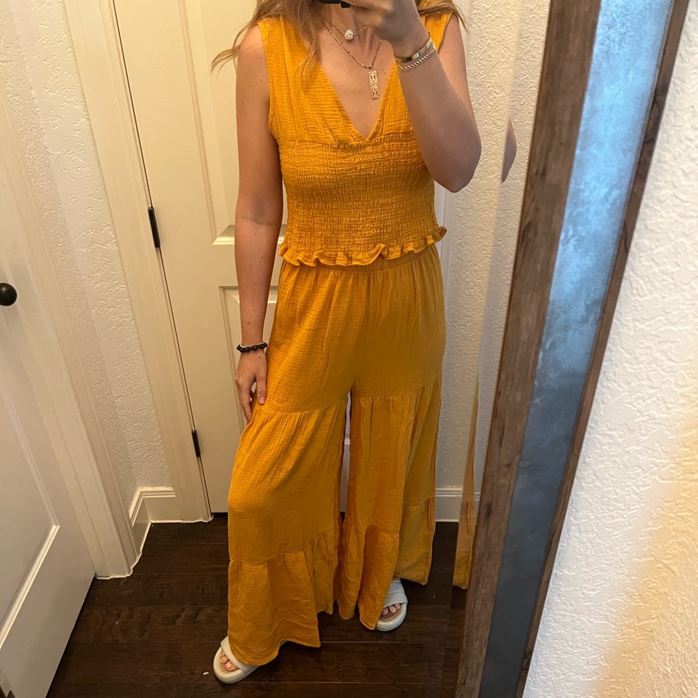 NEW Anthropologie smocked cover up pants set mustard yellow size S